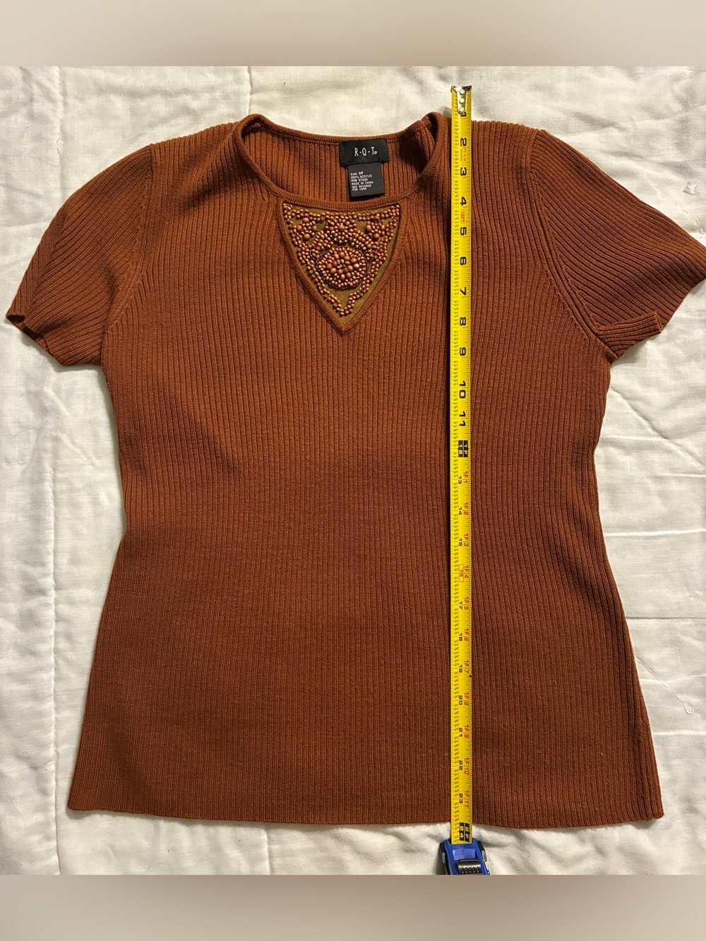 R.O.U. Ribbed Short-Sleeve Top in Rust with Beaded V-Detail